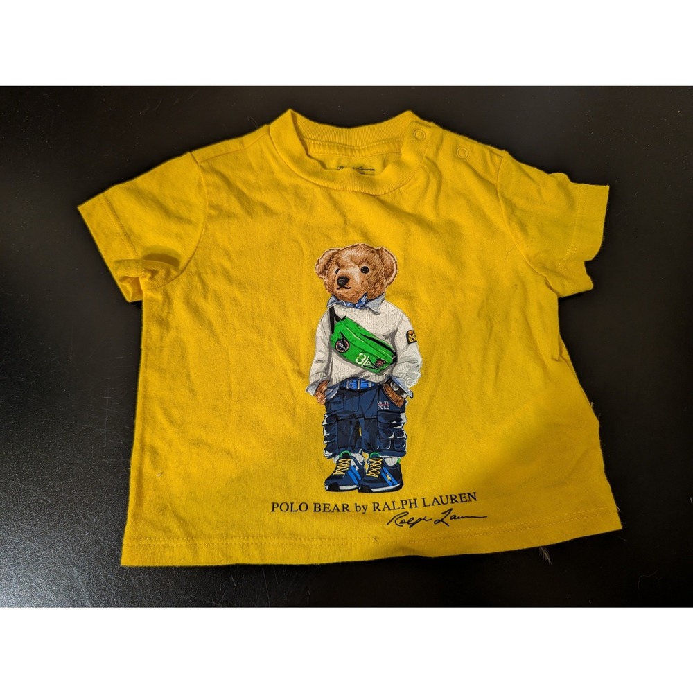 Ralph Lauren Polo Bear Yellow Graphic T-Shirt Baby Boy Size 3M Snaps RN 41381